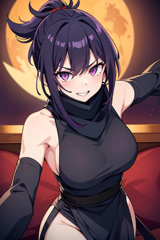 (masterpiece), best quality, (expressive eyes), perfect face, a ninja girl, ninja action pose, dynamic black long hair, (hair over one eye), bangs, pony tail, wide open eyes, purple eyes, smug smile, teeth, black ninja mask, purple scarf, dark purple sleeveless suit, black tight sleeves, shot from below, ((looking down at viewer)), ((close up shot)), red sky night indoor scenery, yellow moon
