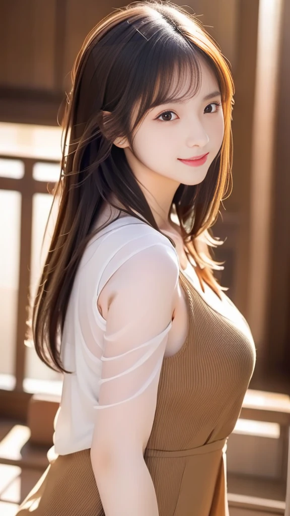 Ultra-high resolution, Superior Quality, highest quality, Super detailed, Realistic, 8k, RAW Photos, highest quality, masterpiece,  Attractive girl, A wonderful girl, Brown Hair, Shoulder-length layered, Mesh Hair, Japanese Idols, Sophisticated, stylish, blouse, 