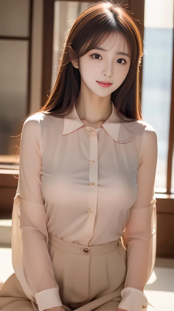 Ultra-high resolution, Superior Quality, highest quality, Super detailed, Realistic, 8k, RAW Photos, highest quality, masterpiece,  Attractive girl, A wonderful girl, Brown Hair, Shoulder-length layered, Mesh Hair, Japanese Idols, Sophisticated, stylish, blouse, 