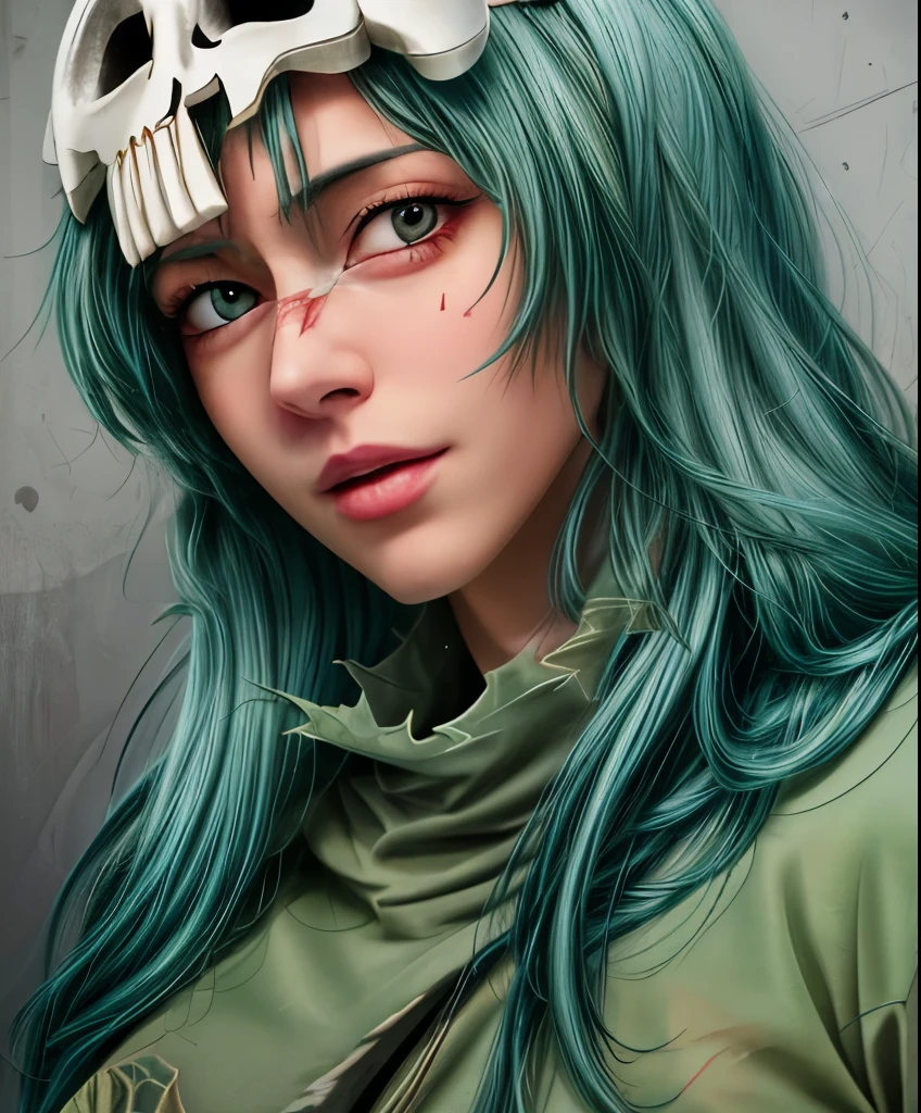 From a little (Bleach Anime), (Beautiful green eyes), Green Hair, Torn clothes, Long Hair,  Barefoot and small skull mask. Sexy tilt light, Sitting in a Ghost Haven - Desolate, A ruined town haunted by evil spirits.
photoRealistic, Small photo, masterpiece, Realistic, realism, photorealism, High Contrast, photoRealistic digital art trending on Artstation 8k HD high definition detailed Realistic, detailed, Skin Texture, hyper detailed, Realistic Skin Texture, Armature, highest quality, 超High resolution, (photoRealistic:1.4),, High resolution, detailed, RAW Photos, sharp, By Lee Jeffries Nikon d850 film stock photos 4 Kodak portra 400 camera f1.6 lens rich colors hyper Realistic lifelike texture dramatic lighting unrealengine trending on artstation cinestill 800,show ,release the nipples,show