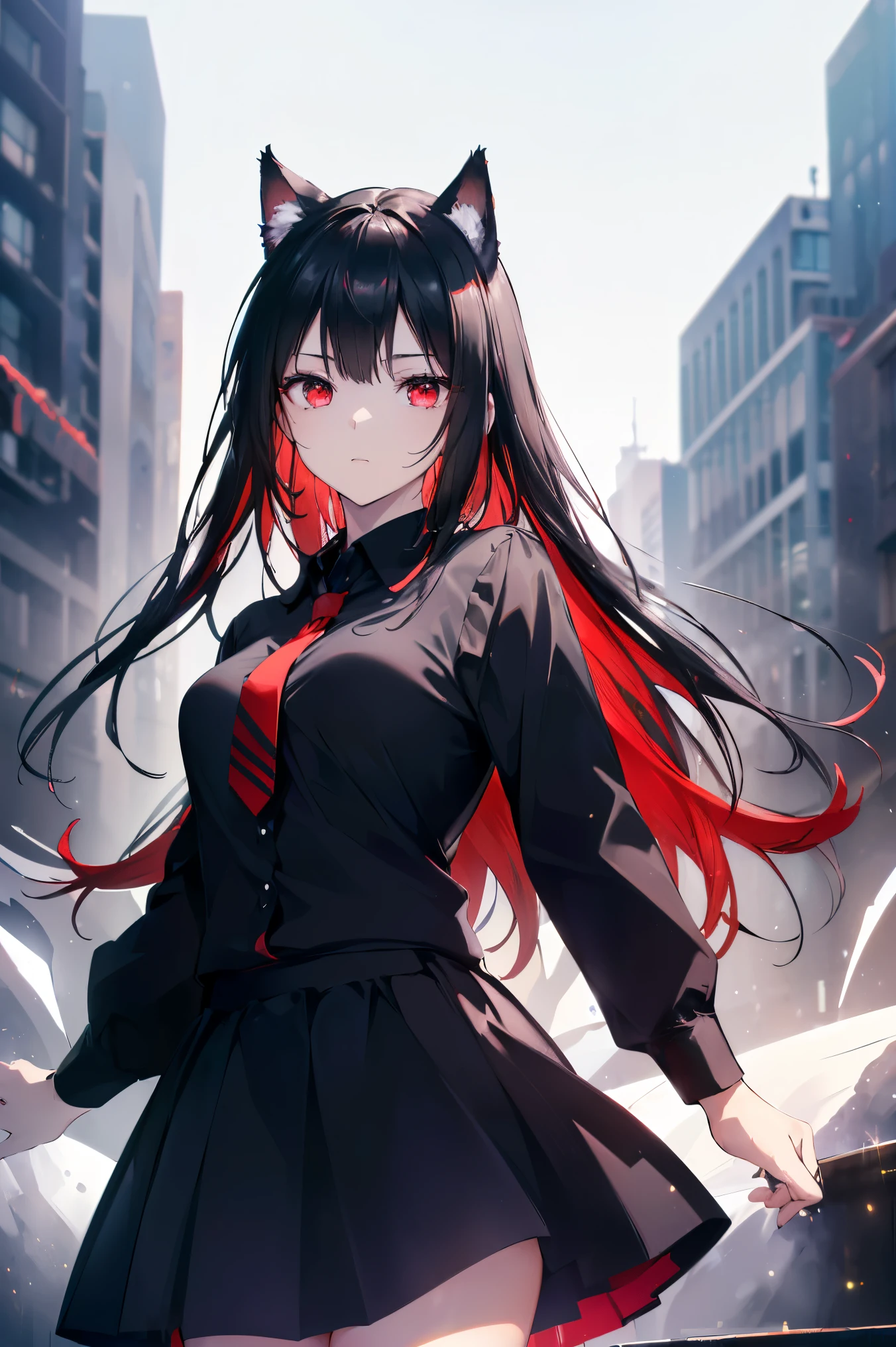 (Cat girl), (smoking), cat ears, black hair, business casual attire, cool, red dress shirt, pretty red eyes, cat tail, ((Crimson Red Eyes eyes: 1.3, Upturned Eyes: 1, Perfect Eyes, Beautiful Detailed Eyes, Gradient eyes: 1, Finely Detailed Beautiful Eyes: 1, Symmetrical Eyes: 1, Big Highlight On Eyes: 1.2)), (((Lustrous Skin: 1.5, Bright Skin: 1.5, Skin Fair, Shiny Skin, Very Shiny Skin, Shiny Body, Plastic Glitter Skin, Exaggerated Shiny Skin, Illuminated Skin))), (Detailed Body, (Detailed Face)), (((Skirt))), High Resolution, Sharp Focus, Ultra Detailed, Extremely Detailed, Extremely High Quality Artwork, (Realistic, Photorealistic: 1.37), 8k_Wallpaper, (Extremely Detailed CG 8k), (Very Fine 8K CG), ((Hyper Super Ultra Detailed Perfect Piece)), (((Flawless masterpiece))), Illustration, Vibrant Colors, (Intricate), High Contrast, Selective Lighting, Double Exposure, HDR (High Dynamic Range), Post-processing, Background Blur