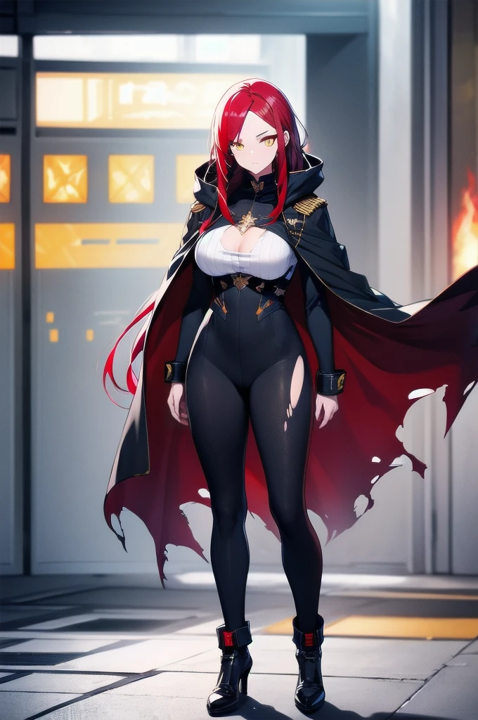 (masterpiece:1.37), woman, mature, extremely detailed eyes and face, long straight hair, (red hair:1.5), yellow eyes, military uniform, cloak, torn cloak, ripped cloak, flame-patterned cloak, futuristic, science fiction, hologram armband, unicursal hexagram-shaped pupils, standing, large breasts, futuristic, science fiction, hologram armband, best quality, 8k, highres, ultra-detailed, studio lighting, ultra-fine painting, sharp focus, physically-based rendering, extreme detail description, professional, vivid colors, bokeh, extreme attention to detail, tsurime, messy bangs, long bangs, bright red hair highlights, two-tone hair, full body