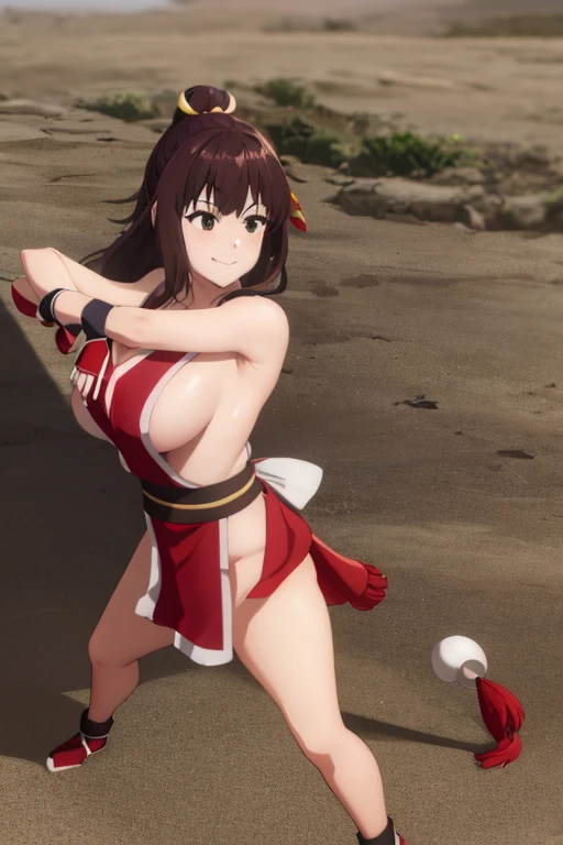 masterpiece, best quality, beautiful art, high resolution, well formed hands, body and fingers, 1 woman, solo, Megumin konosuba, grown up , adult, hair ribbon,big breasted, cleavage, full body, long hair, hair ornament gorgeous legs and thighs, cosplaying as Mai Shiranui , she is fighting in a combat match at a martial arts tournament, she is getting ready to fight, making her guard pose, action and fighting scene, about to hit the viewer, looking at the viewer, sweating , feeling confident and proud, smiling joyfully and happily, charming her opponent with her beauty, bouncing breasts, fighting scene, martial arts tournament on the beach