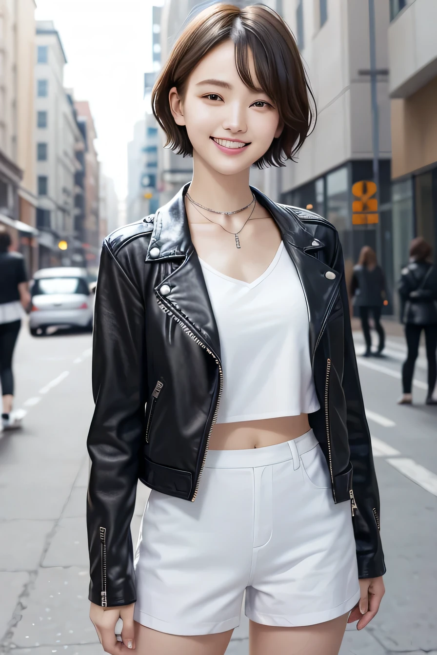 205 ((short hair)), 20-year-old female, In underwear、leather jacket、(Shoulder Fashion)、smile、Beautiful teeth alignment、、Black Hair、ear piercing、Necklace around the neck、Looking into the camera, The background is the city