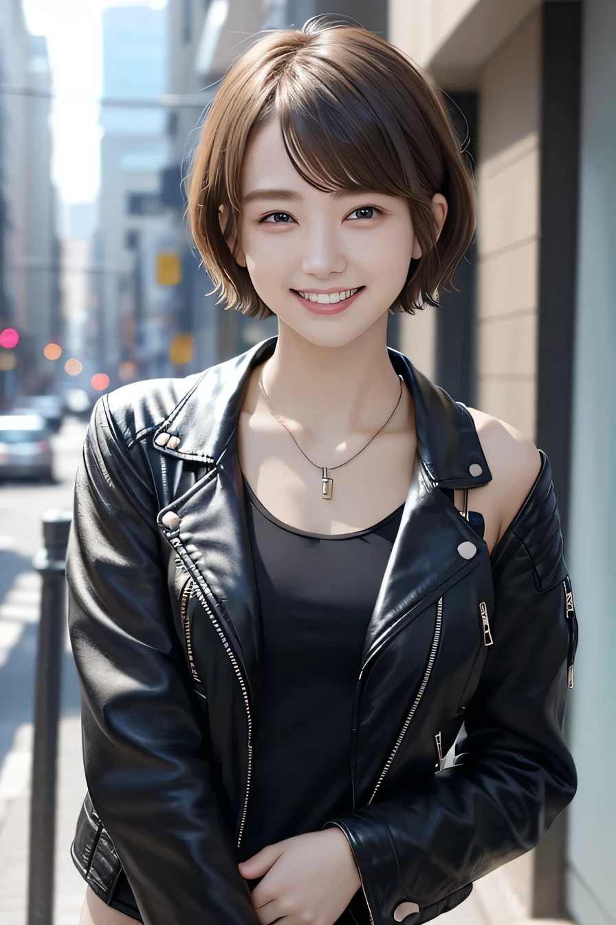 205 ((short hair)), 20-year-old female, In underwear、leather jacket、(Shoulder Fashion)、smile、Beautiful teeth alignment、、Black Hair、ear piercing、Necklace around the neck、Looking into the camera, The background is the city