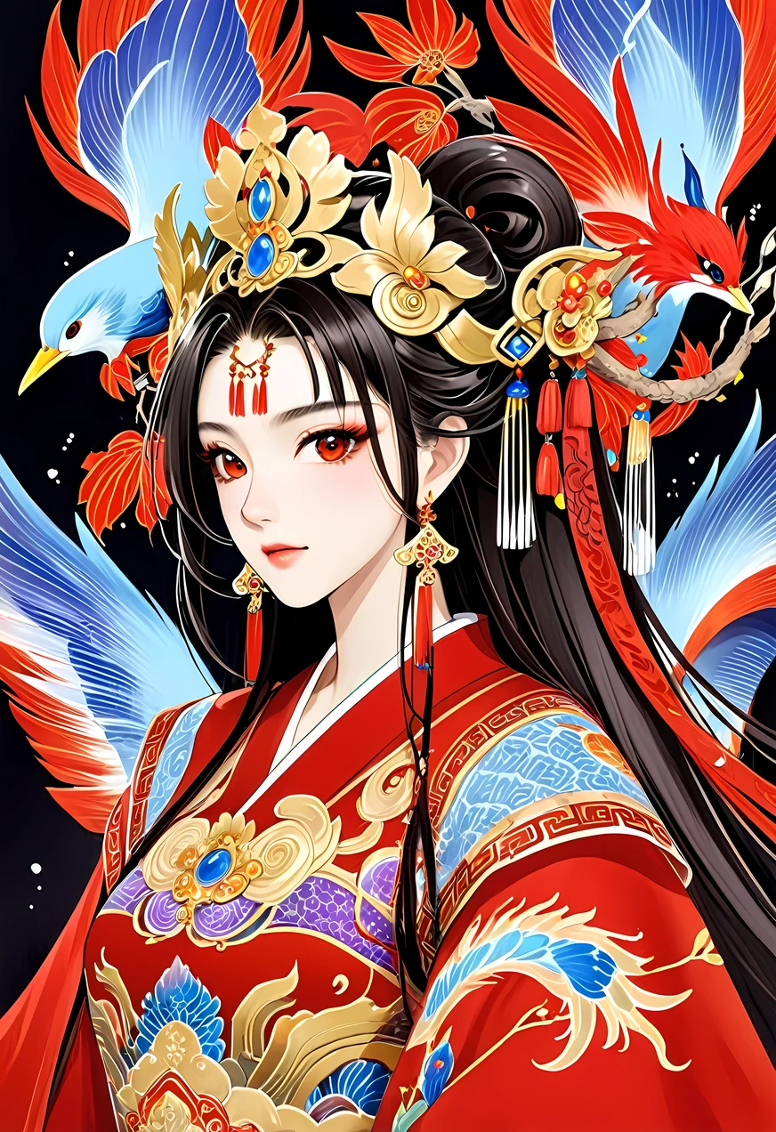 Close-up of a woman wearing a red dress and a golden headdress, Detailed paintings inspired by Po Hua, cg Social Hotspot, Fantasy Art, Beautiful fantasy queen, palace ， Girl wearing Hanfu, Chinese, Chinese Queen, ((Beautiful fantasy queen)), ancient Chinese Princess, Chinese Princess, traditional Chinese, Chinese Art Style