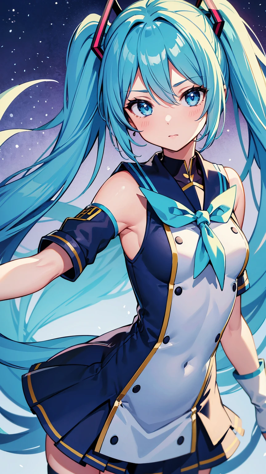 Anime Style, Vibrant, Studio Anime, Very detailed, One girl, Hatsune Miku VOCALOID, (Sailor Warrior Uniform), Long gloves, Light blue hair, Light blue eyes, Twin tails, Big Hair, humid, Mature Woman, Sensual