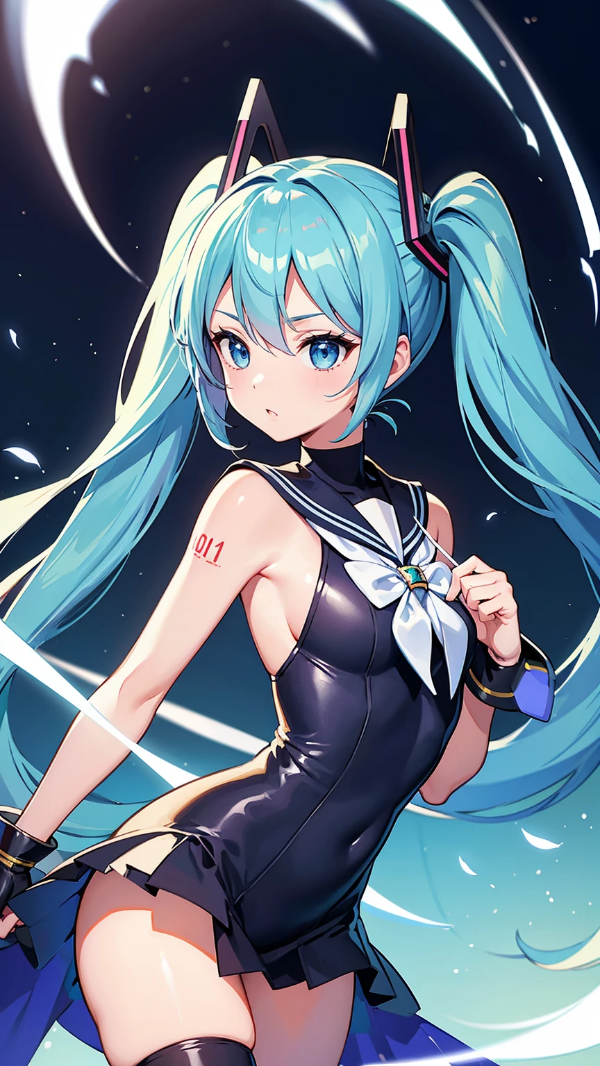 Anime Style, Vibrant, Studio Anime, Very detailed, One girl, Hatsune Miku VOCALOID, (Sailor Warrior Uniform), Long gloves, Light blue hair, Light blue eyes, Twin tails, Big Hair, humid, Mature Woman, Sensual