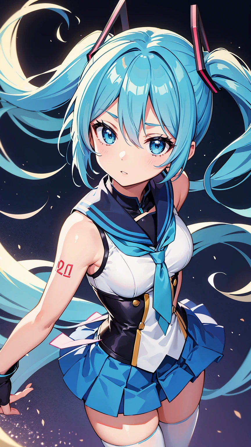 Anime Style, Vibrant, Studio Anime, Very detailed, One girl, Hatsune Miku VOCALOID, (Sailor Warrior Uniform), Long gloves, Light blue hair, Light blue eyes, Twin tails, Big Hair, humid, Mature Woman, Sensual