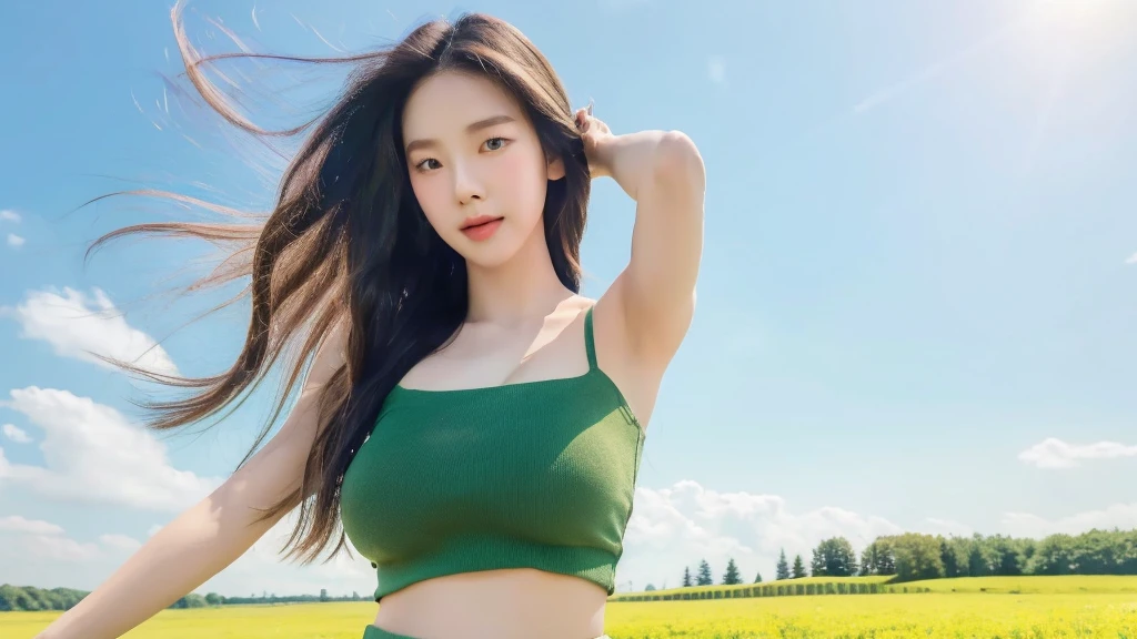 Close-up shot of young Korean woman standing in green field, beautiful girl, The wind is blowing strong., sunlight, clear sky, white tank top, Lift one arm beside your head., shoulder, armpit, collarbone, (big breasts : 1.3), abdomen, navel, shorts