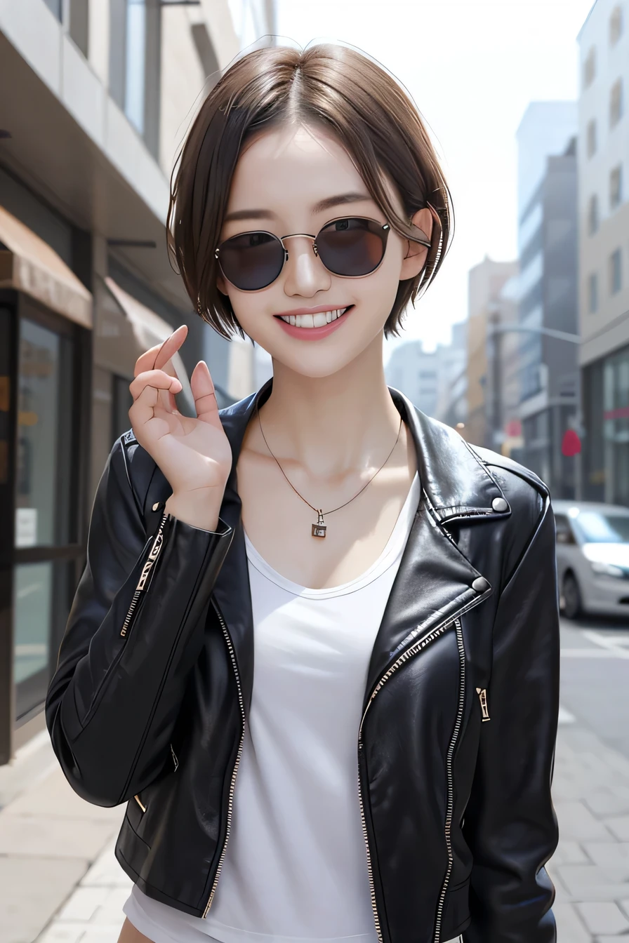 205 ((short hair)), 20-year-old female, In underwear、leather jacket、(Shoulder Fashion)、Misaligned sunglasses、smile、Beautiful teeth alignment、、Black Hair、ear piercing、Necklace around the neck、Looking into the camera, The background is the city