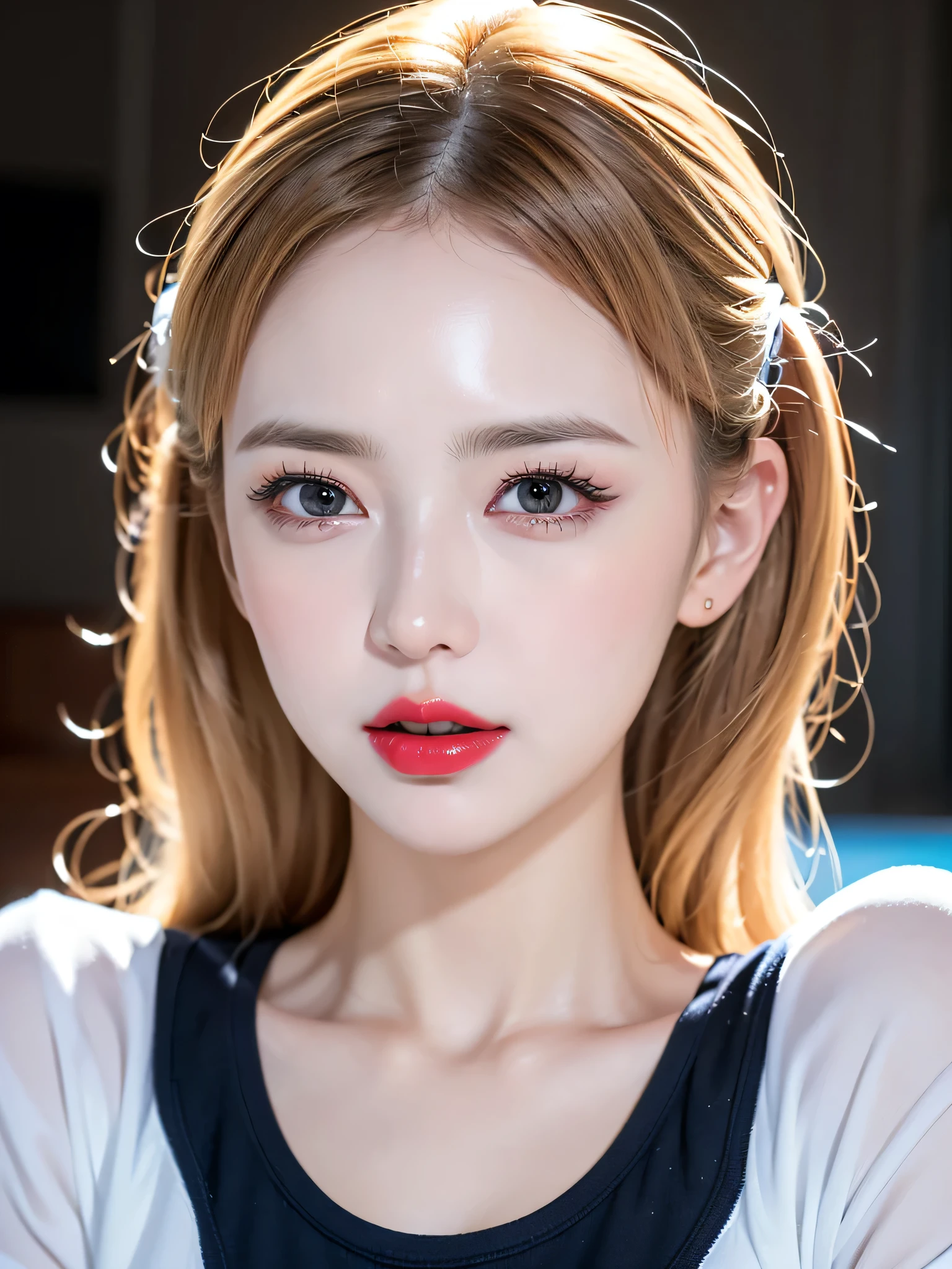 (((sfw:1.5)))、((Near the huge summer pool)), Real、8k、 ((Anatomically correct)), ((Perfect balance)) , 58 years old、1 female、round face、Baby Face、Cute Smile、 A close-up of her face:0.6, Top quality soft lighting, ((realistic perfectly round brown_eye:1.3、Big Eyes、Dripping eye)), (Light pale complexion), ((Detailed pupils:1.4)), (Perfect Makeup:1.3), (Symmetrical lips:1.3)),(Bright shiny red_lipstick:1.35), ((Blue eyelashes: 1.17)), (Very detailed, Beautiful little nose:1.2), (Perfect composition), ((Sunburned skin:1.28)), ((Oily skin)), ((The blackＹshirt, The blackチューブトップブラジャー) , The background is simple and blue, The gaze is directed downwards at a low angle、 (((Anatomically correct)))、（Perfect Body Proportions)、(Natural Hands、Natural Fingers、Natural Legs)