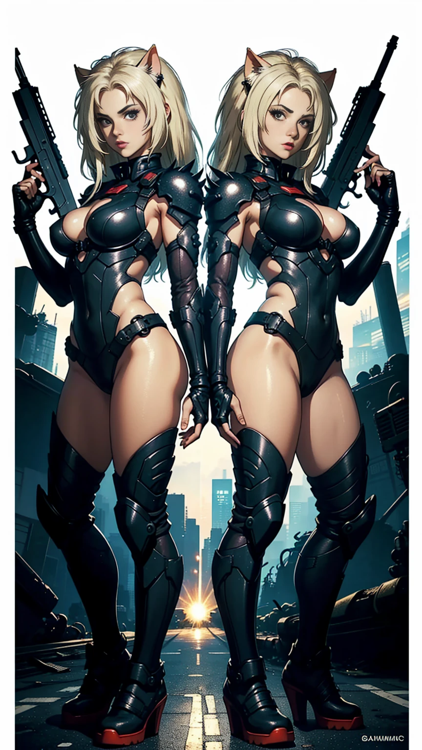 ((full body photo, standing)) ((highest quality)), ((masterpiece)), (be familiar with), (High definition), 8K, Perfect Face、2Women、Two blonde women with cat ears、((Equipped with a large powered suit))、tall、2 Blonde cat ears、2. Long Hair、2. Volumetric hair style、Large Breasts、Narrow waist、Big Ass、glamorous、Alluring、protector、Armor、combat suit、Combat Boots、Armament、Equipped with large firearms、Cinematic、Best Shadow、Side lighting、NEO TOKYO、riot、explosion、tank、helicopter、(Close-up of face)