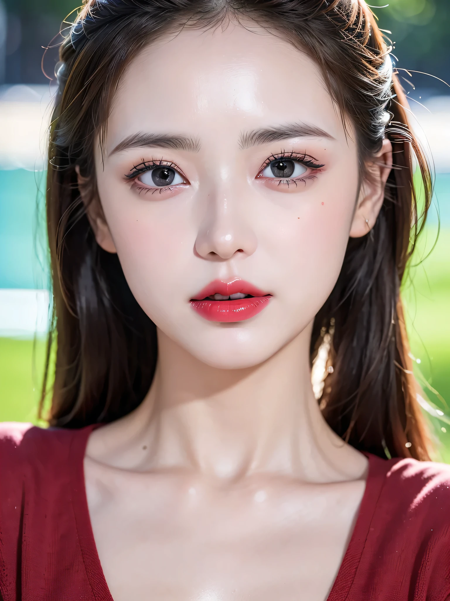 (((sfw:1.5)))、((Near the huge summer pool)), Real、8k、 ((Anatomically correct)), ((Perfect balance)) , 58 years old、1 female、round face、、Cute Smile、 A close-up of her face:0.6, Top quality soft lighting, ((realistic perfectly round brown_eye:1.3、Big Eyes、Dripping eye)), (Light pale complexion), ((Detailed pupils:1.4)), (Perfect Makeup:1.3), (Symmetrical lips:1.3)),(Bright shiny red_lipstick:1.35), ((Blue eyelashes: 1.17)), (Very detailed, Beautiful little nose:1.2), (Perfect composition), ((Sunburned skin:1.28)), ((Oily skin)), ((The blackYshirt, The blackチューブトップブラジャー) , The background is simple and blue, The gaze is directed downwards at a low angle、 (((Anatomically correct)))、(Perfect Body Proportions)、(Natural Hands、Natural Fingers、Natural Legs)