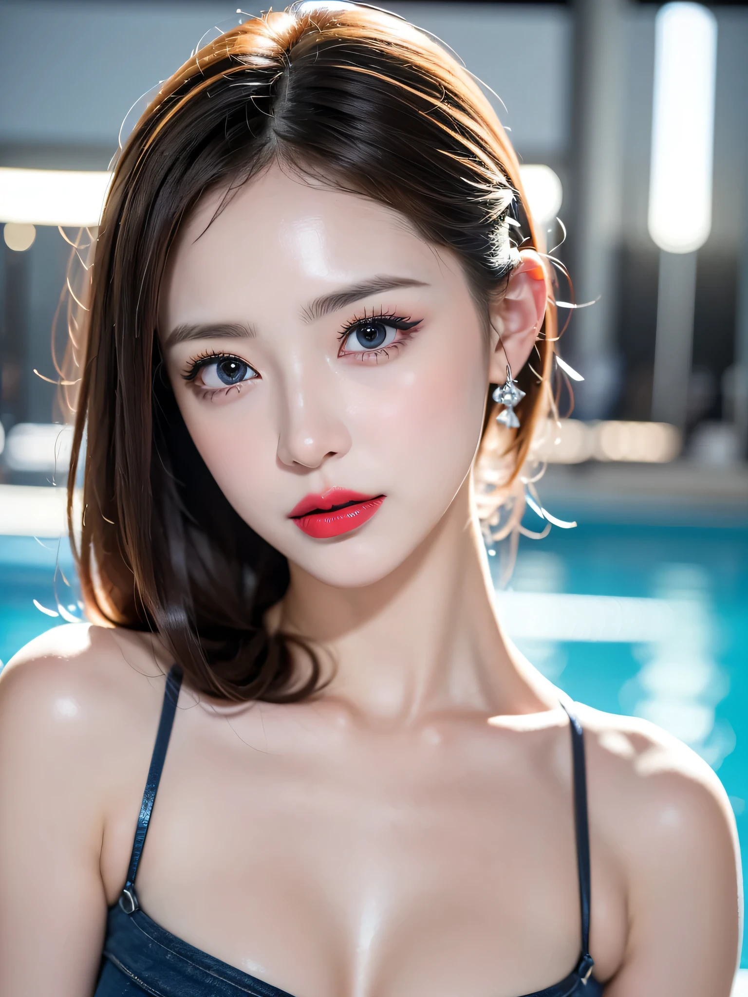 (((sfw:1.5)))、((Near the huge summer pool)), Real、8k、 ((Anatomically correct)), ((Perfect balance)) , 58 years old、1 female、round face、Baby Face、Cute Smile、 A close-up of her face:0.6, Top quality soft lighting, ((realistic perfectly round brown_eye:1.3、Big Eyes、Dripping eye)), (Light pale complexion), ((Detailed pupils:1.4)), (Perfect Makeup:1.3), (Symmetrical lips:1.3)),(Bright shiny red_lipstick:1.35), ((Blue eyelashes: 1.17)), (Very detailed, Beautiful little nose:1.2), (Perfect composition), ((Sunburned skin:1.28)), ((Oily skin)), ((The blackＹshirt, The blackチューブトップブラジャー) , The background is simple and blue, The gaze is directed downwards at a low angle、 (((Anatomically correct)))、（Perfect Body Proportions)、(Natural Hands、Natural Fingers、Natural Legs)