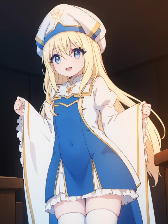 priestess, priestess, blonde hair, blue eyes, long hair, hair between eyes, (flat chest), smile,
BREAK boots, dress, frilled sleeves, frills, hat, white headwear, pelvic curtain, high heels, robe, thigh boots, thighhighs, white thighhighs, long sleeves, puffy sleeves,
BREAK indoors, church,
BREAK looking at viewer, (cowboy shot:1.5),
BREAK (masterpiece:1.2), best quality, high resolution, unity 8k wallpaper, (illustration:0.8), (beautiful detailed eyes:1.6), extremely detailed face, perfect lighting, extremely detailed CG, (perfect hands, perfect anatomy),