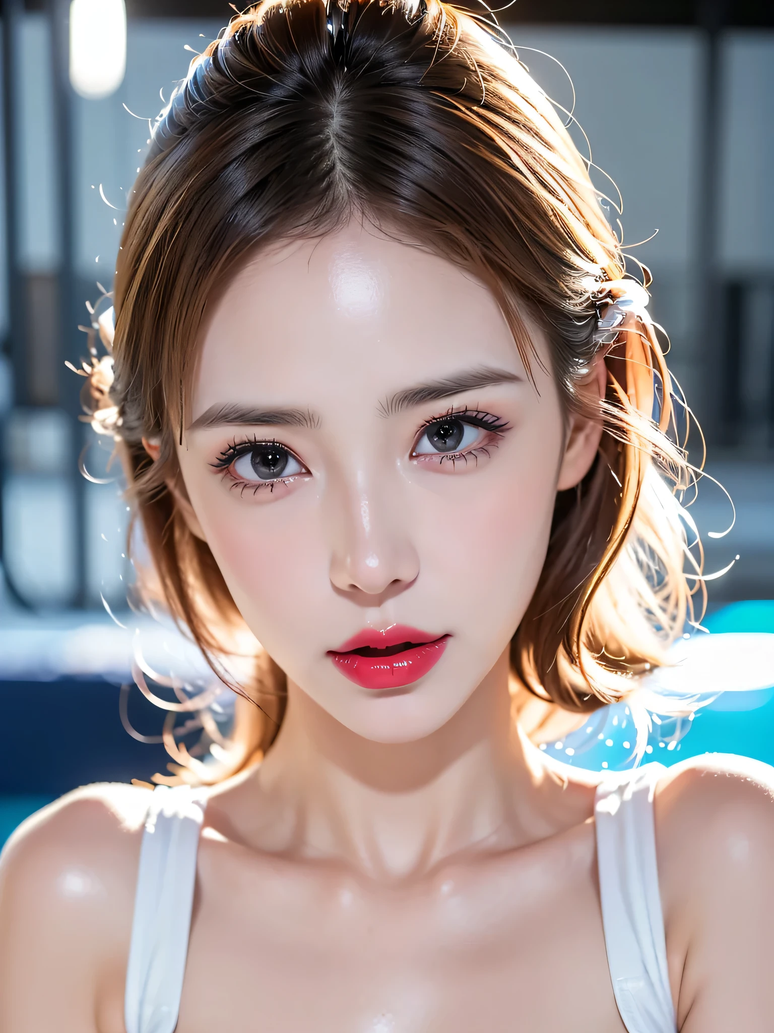 (((sfw:1.5)))、((Near the huge summer pool)), Real、8k、 ((Anatomically correct)), ((Perfect balance)) , 58 years old、1 female、round face、Baby Face、Cute Smile、 A close-up of her face:0.6, Top quality soft lighting, ((realistic perfectly round brown_eye:1.3、Big Eyes、Dripping eye)), (Light pale complexion), ((Detailed pupils:1.4)), (Perfect Makeup:1.3), (Symmetrical lips:1.3)),(Bright shiny red_lipstick:1.35), ((Blue eyelashes: 1.17)), (Very detailed, Beautiful little nose:1.2), (Perfect composition), ((Sunburned skin:1.28)), ((Oily skin)), ((The blackＹshirt, The blackチューブトップブラジャー) , The background is simple and blue, The gaze is directed downwards at a low angle、 (((Anatomically correct)))、（Perfect Body Proportions)、(Natural Hands、Natural Fingers、Natural Legs)