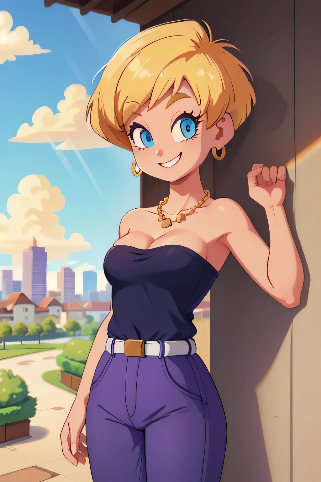 erasa, blonde hair, short hair, blue eyes, earrings, black shirt, strapless, cleavage, small breast, white belt, purple pants, 1 girl, solo, smile, seductive, city, sunlight, bead necklace, blue sky, Masterpiece
