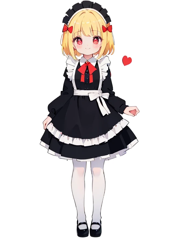 rumia,1girl, skirt, solo, blond hair, red eyes, flatchest, young, white_background, heart, full_body, simple_background, black_footwear, maid, long_sleeves, maid_headdress, smile, alternate_costume, black_dress, closed_mouth, mary_janes, white_pantyhose, white_apron, red_bow, standing, looking_at_viewer, ribbon, blush, maid_apron
star-shaped_pupils,symbol-shaped_pupils,. gorgeous,key visual, vibrant, studio anime,award-winning, professional, highly detailed,high budget, cinemascope,