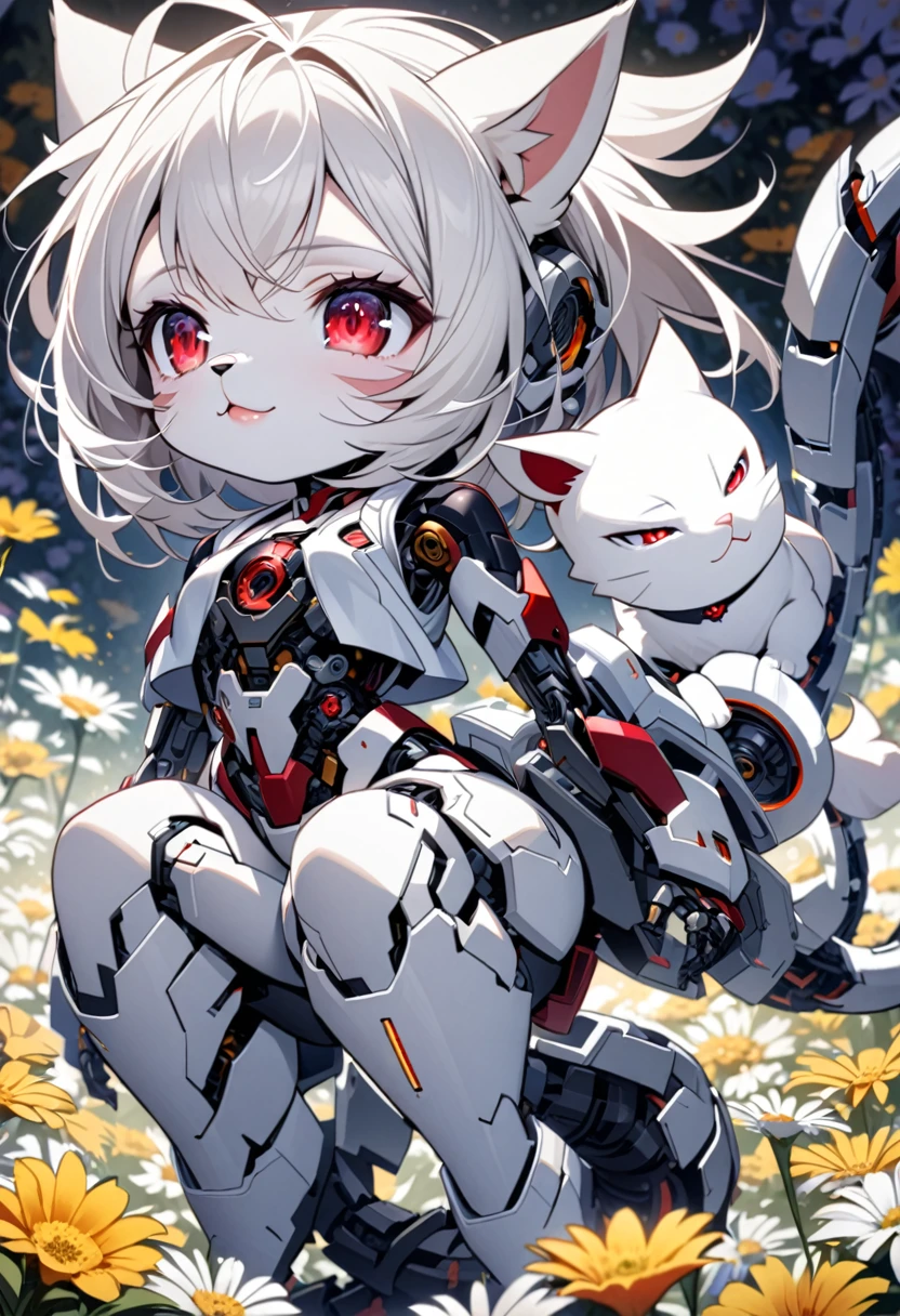 A girl with a cyborg style from head to toe,Short white hair with furry ears, a mechanical tail grows,All white with red eyes and lips、You can see the mechanism from the body, flower field background,playing with a white cat