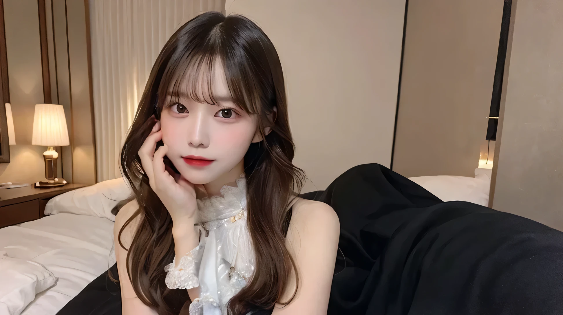One beautiful goddess、Gorgeous costumes、Luxury Accessories、Luxury Background、Extravagant hairstyles、A woman in a dark room、Sitting on the bed、Having a video call