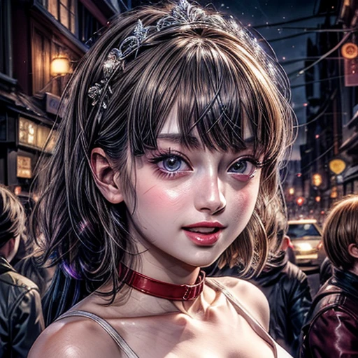 masterpiece of professional Analog photo, realistic and photorealistic with touch of rawness, (a close-up portrait of a woman wearing thongs on a city street), Dusk violet Sky, intricate lighting effects with light particles, (many colorful lights dazzling bokeh), Traffic lights, a crowd of fashionable street girls in the background, { Childish | Gigantic Cleavage }, (((NOGIZAKA))) Extremely Detailed very KAWAII face variation, perfect anatomy, captivating gaze, elaborate detailed Eyes with (sparkling highlights:1.2), long eyelashes、Glossy RED Lips with beautiful details, Coquettish tongue, Rosy cheeks . (Dynamic joyful expressions), { Ecstasy | :D | screaming | Perplexed }, Mystic sight . hair and eye color is same color, { Red leather high collar | Red ribbon }, from diagonally angle .