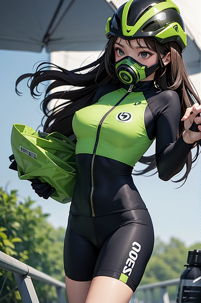 1woman, road cycling speed, long hair, green toxic gas mask, cycling suit and short, jersey, helmet, green toxic gas mask,