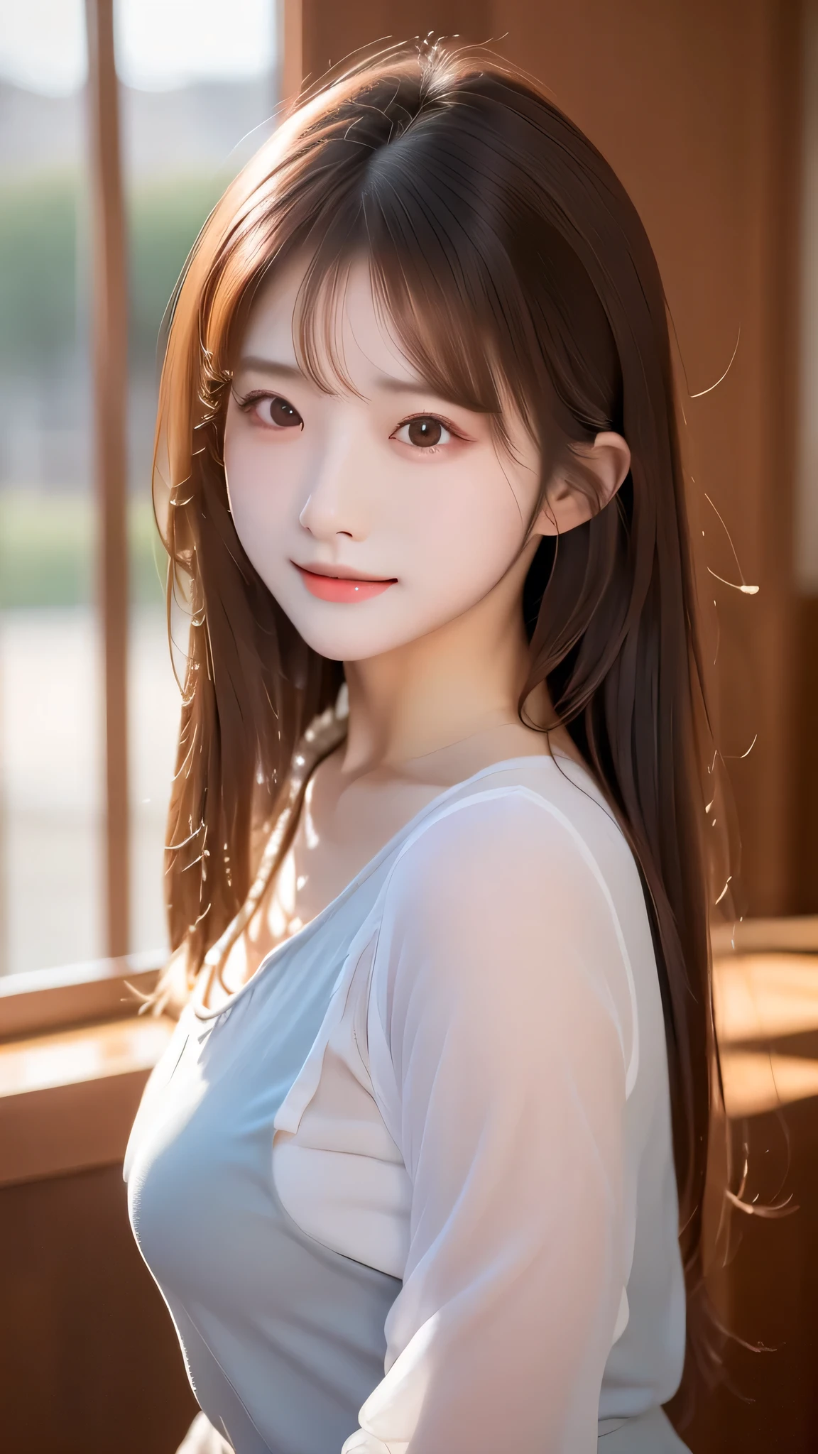 Ultra-high resolution, Superior Quality, highest quality, Super detailed, Realistic, 8k, RAW Photos, highest quality, masterpiece, Attractive girl, A wonderful girl, Brown Hair, Shoulder-length layered, Mesh Hair, Japanese Idols, Sophisticated, stylish, blouse,