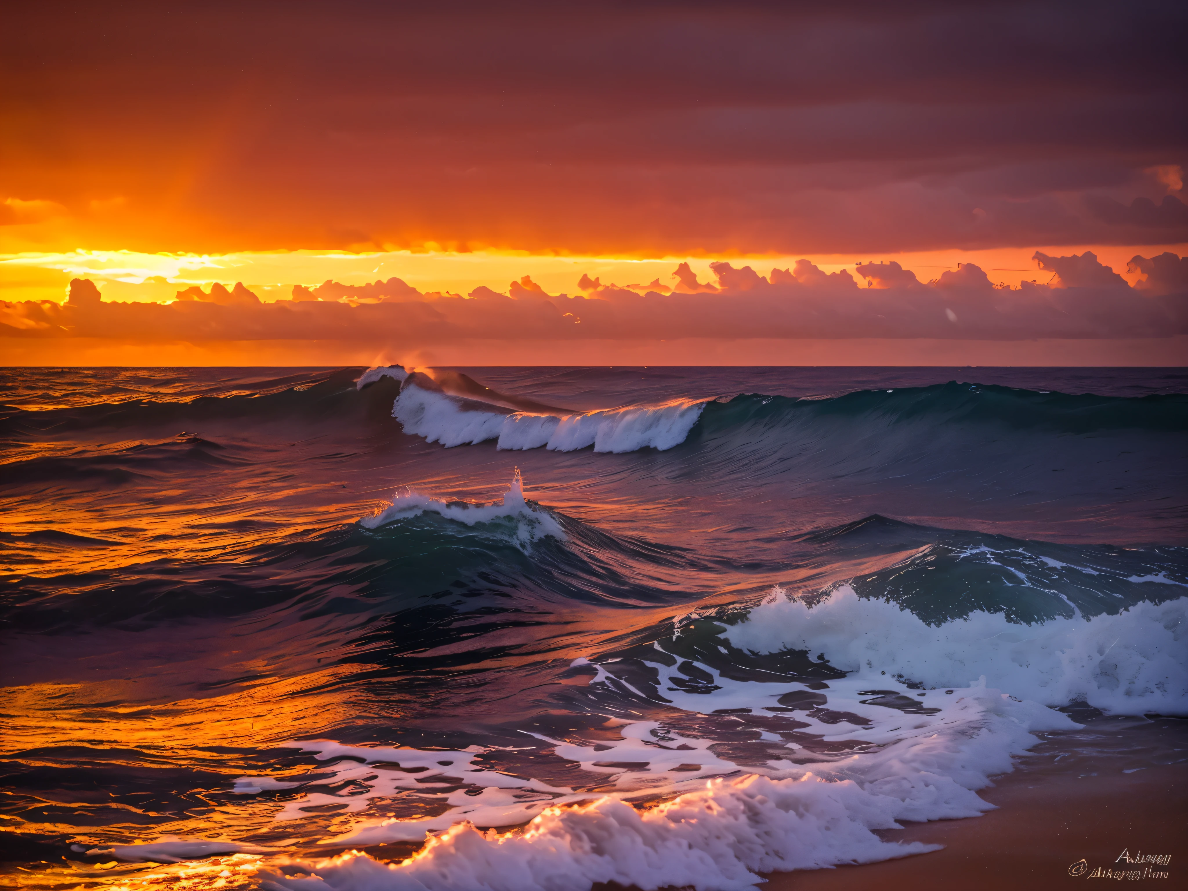 arafed view of a sunset over the ocean with waves crashing, chaotic sea setting, vibrant sunrise, breathtaking colors, breathtaking look, vibrant sunset, breathtaking composition, beautiful sea landscapes, stunning sunset, magnificent background, sunset glow, beautiful background, beautiful dreamy breathtaking, marc adamus, warm beautiful scene, epic sunset, beautiful sunset, beautiful sunset glow, beautiful ocean