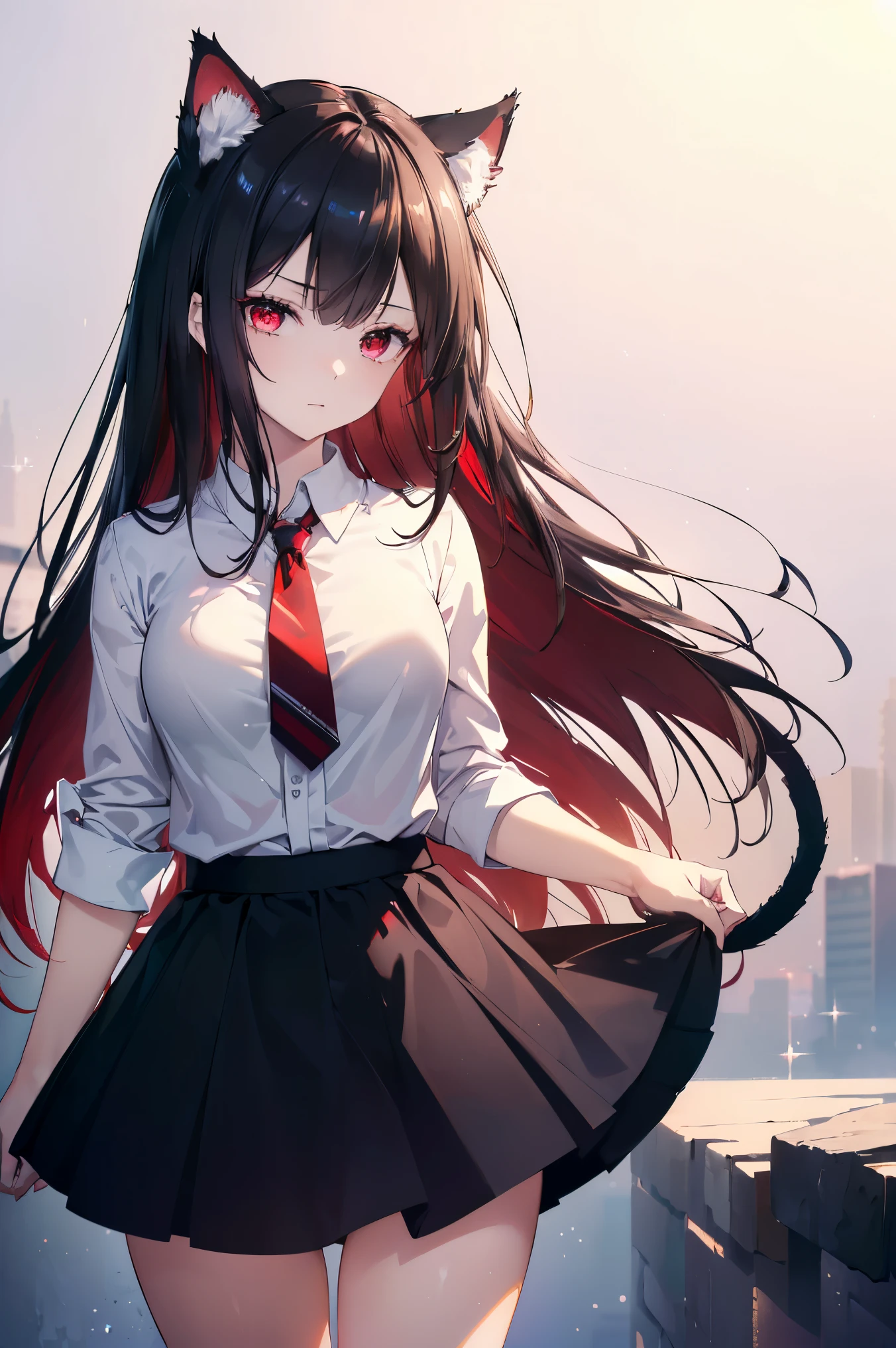 (Cat girl), (smoking), cat ears, black hair, business casual attire, cool, red dress shirt, pretty red eyes, cat tail, ((Crimson Red Eyes eyes: 1.3, Upturned Eyes: 1, Perfect Eyes, Beautiful Detailed Eyes, Gradient eyes: 1, Finely Detailed Beautiful Eyes: 1, Symmetrical Eyes: 1, Big Highlight On Eyes: 1.2)), (((Lustrous Skin: 1.5, Bright Skin: 1.5, Skin Fair, Shiny Skin, Very Shiny Skin, Shiny Body, Plastic Glitter Skin, Exaggerated Shiny Skin, Illuminated Skin))), (Detailed Body, (Detailed Face)), (((Skirt))), High Resolution, Sharp Focus, Ultra Detailed, Extremely Detailed, Extremely High Quality Artwork, (Realistic, Photorealistic: 1.37), 8k_Wallpaper, (Extremely Detailed CG 8k), (Very Fine 8K CG), ((Hyper Super Ultra Detailed Perfect Piece)), (((Flawless masterpiece))), Illustration, Vibrant Colors, (Intricate), High Contrast, Selective Lighting, Double Exposure, HDR (High Dynamic Range), Post-processing, Background Blur