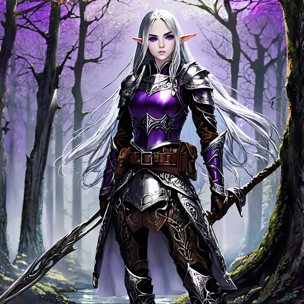 High Fantasy, , an elven adventurer (strong weathered, pale skin, violet eyes, silver hair, ornate studded leather armor, long bow, weapons on belt), haunted forest