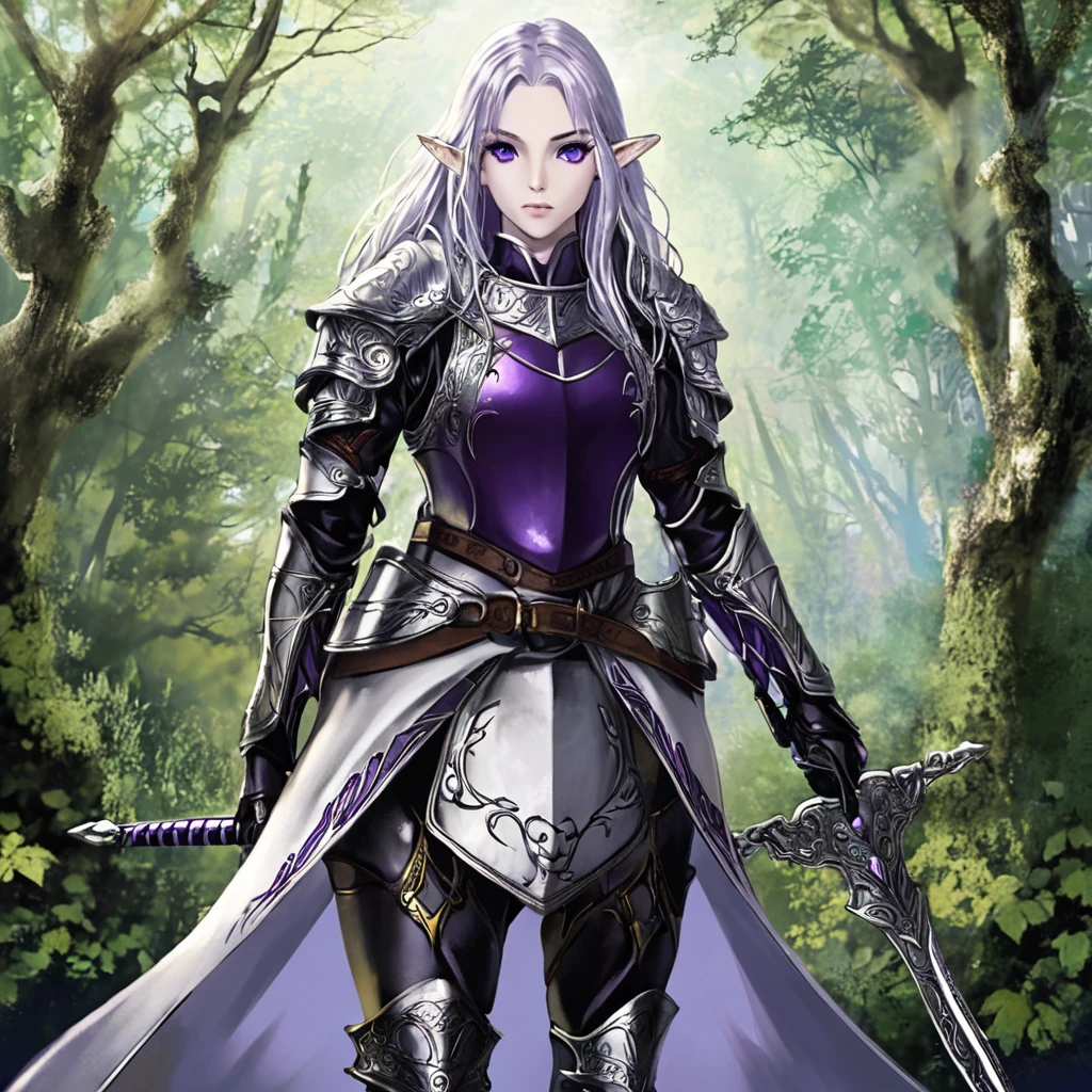 High Fantasy, , an elven adventurer (strong weathered, pale skin, violet eyes, silver hair, ornate studded leather armor, long bow, weapons on belt), haunted forest