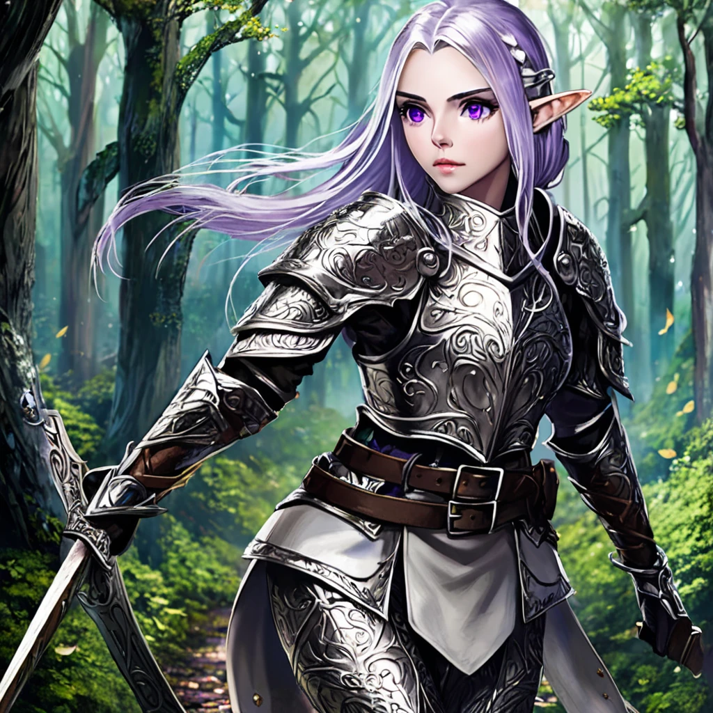 High Fantasy, , an elven adventurer (strong weathered, pale skin, violet eyes, silver hair, ornate studded leather armor, long bow, weapons on belt), haunted forest