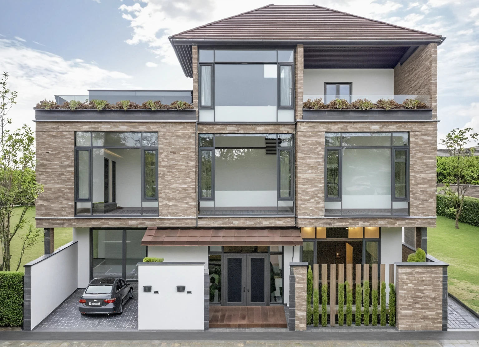 Raw photo,Masterpiece, high quality, best quality, authentic, super detail, exterior, outdoors, house style modern on the street,pavement, grass, trees, sky, cloud, (day:1.1), ((MIX WHITE AND Chocolate style color : 1.3)); (((CHOCOLATE COLOR STYLE ROOF TILES : 1.7))) ,((( japanese roof style : 1.3)))