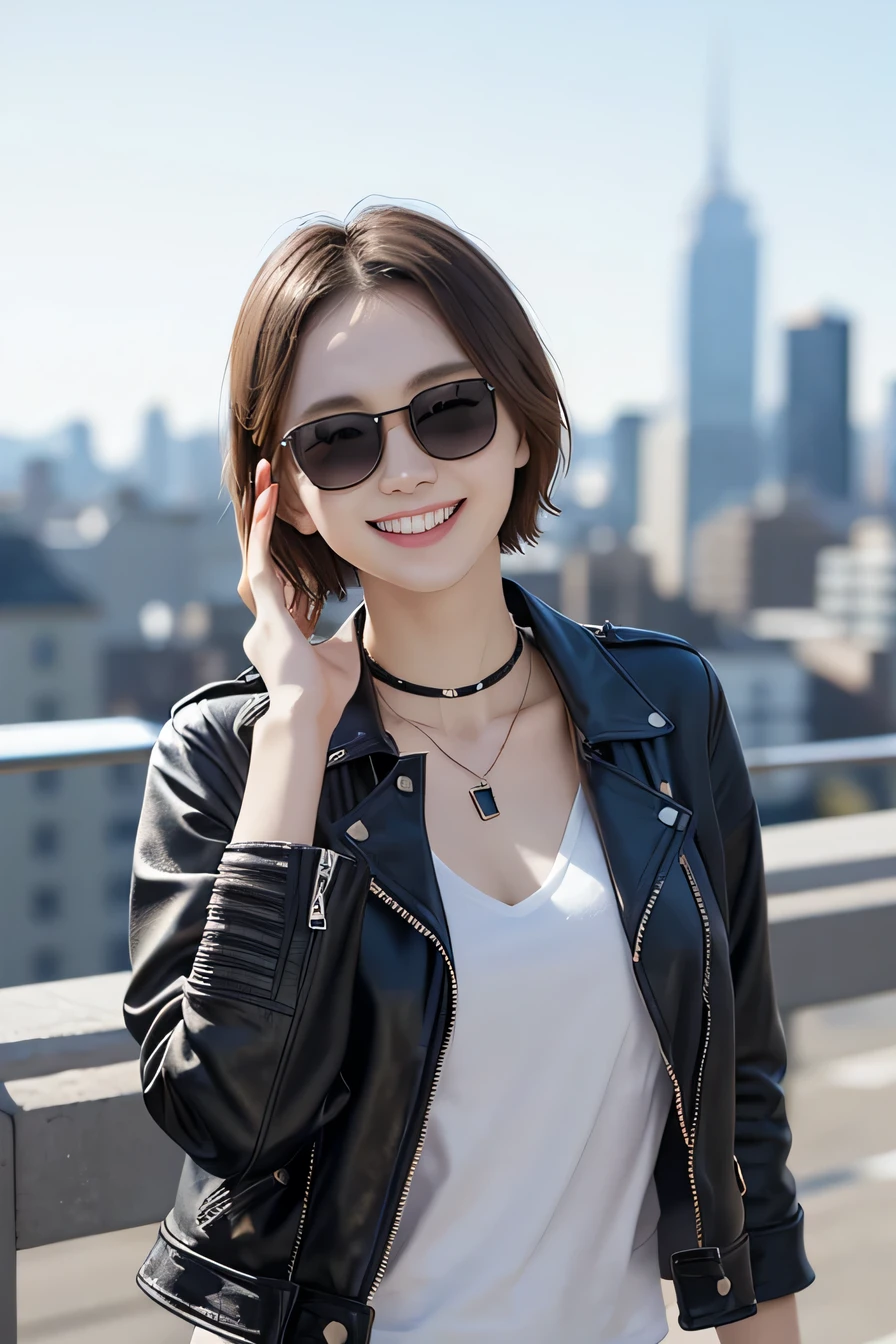 205 ((short hair)), 20-year-old female, In underwear、leather jacket、Not through the sleeves、Wear a jacket over your shoulders、Misaligned sunglasses、smile、Beautiful teeth alignment、、Black Hair、ear piercing、Necklace around the neck、Looking into the camera, The background is the city