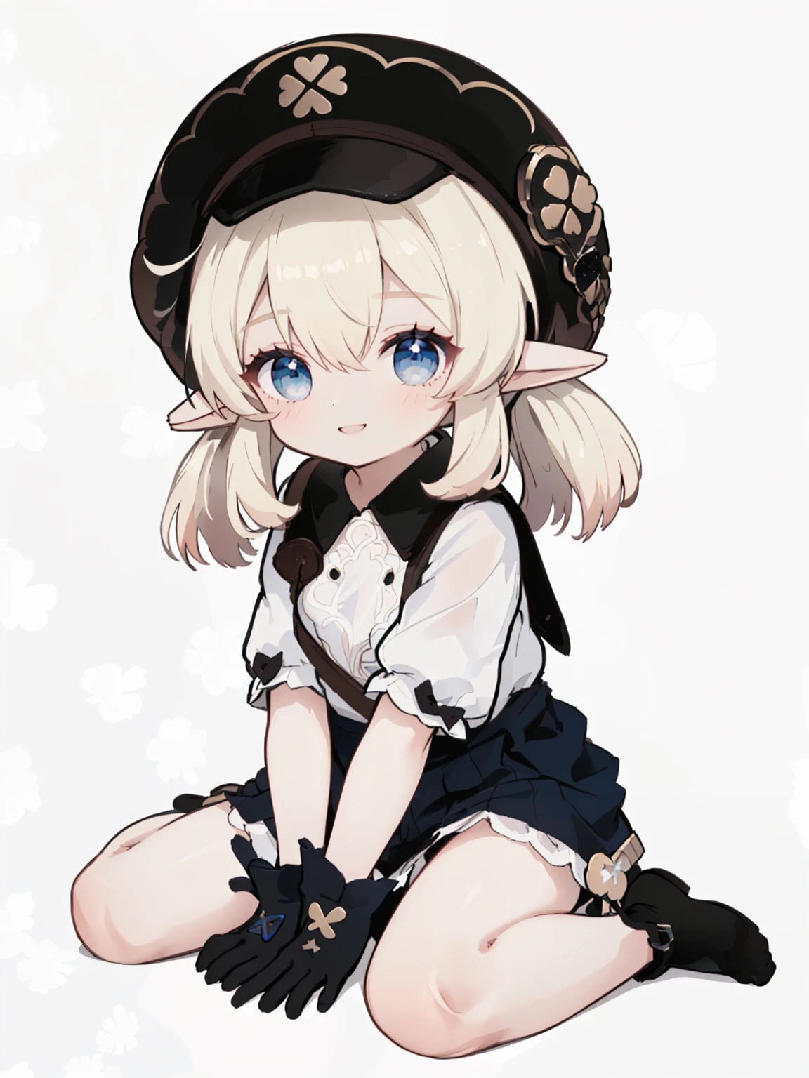 (perfect legs, perfect hands, perfect anatomy, nice hands, fingers, hand)
klee-ex, blue eyes, blond hair, hair ornament, hat,  bangs, hair between eyes,  pointy ears,black gloves, 
solo, 1girl, looking at viewer, smile,  shirt, spread legs, seiza, sitting,  wariza, 
outdoors, simple background,