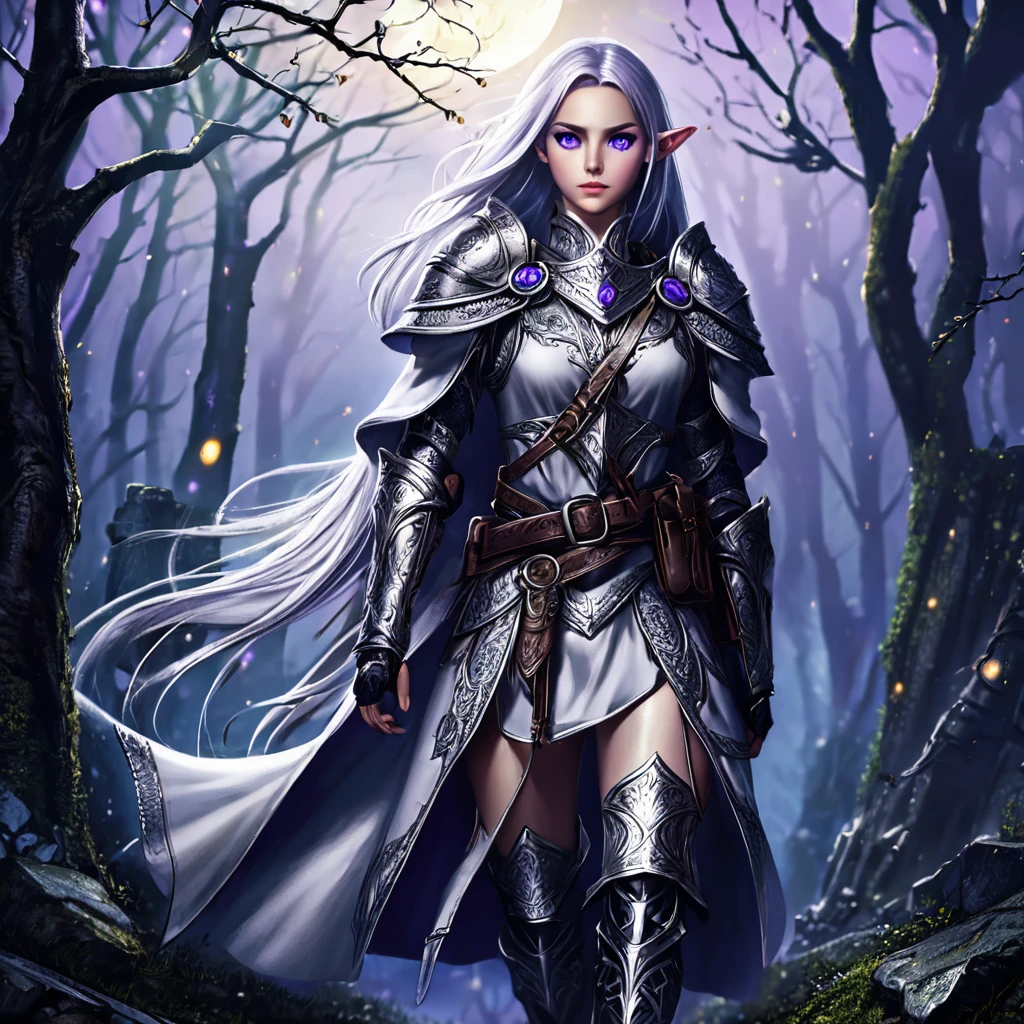 a powerful elven adventurer, pale skin, violet eyes, long silver hair, ornate studded leather armor, carrying a long bow and weapons on belt, walking through a haunted, eerie forest, moonlight shining through twisted branches, fog swirling around the trees, ancient stone ruins in the distance, (best quality,4k,8k,highres,masterpiece:1.2),ultra-detailed,(realistic,photorealistic,photo-realistic:1.37),fantasy,dramatic lighting,moody atmosphere,cinematic,highly detailed