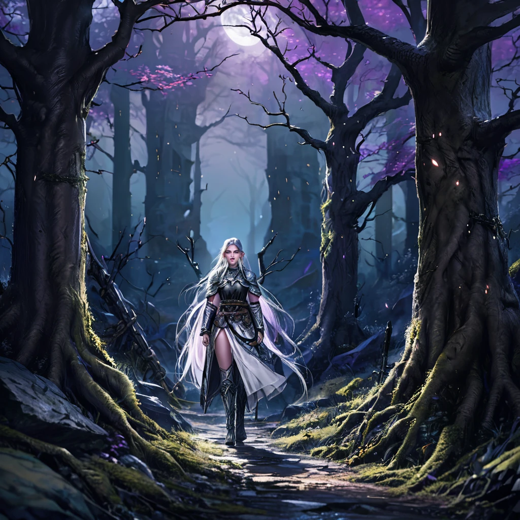 a powerful elven adventurer, pale skin, violet eyes, long silver hair, ornate studded leather armor, carrying a long bow and weapons on belt, walking through a haunted, eerie forest, moonlight shining through twisted branches, fog swirling around the trees, ancient stone ruins in the distance, (best quality,4k,8k,highres,masterpiece:1.2),ultra-detailed,(realistic,photorealistic,photo-realistic:1.37),fantasy,dramatic lighting,moody atmosphere,cinematic,highly detailed