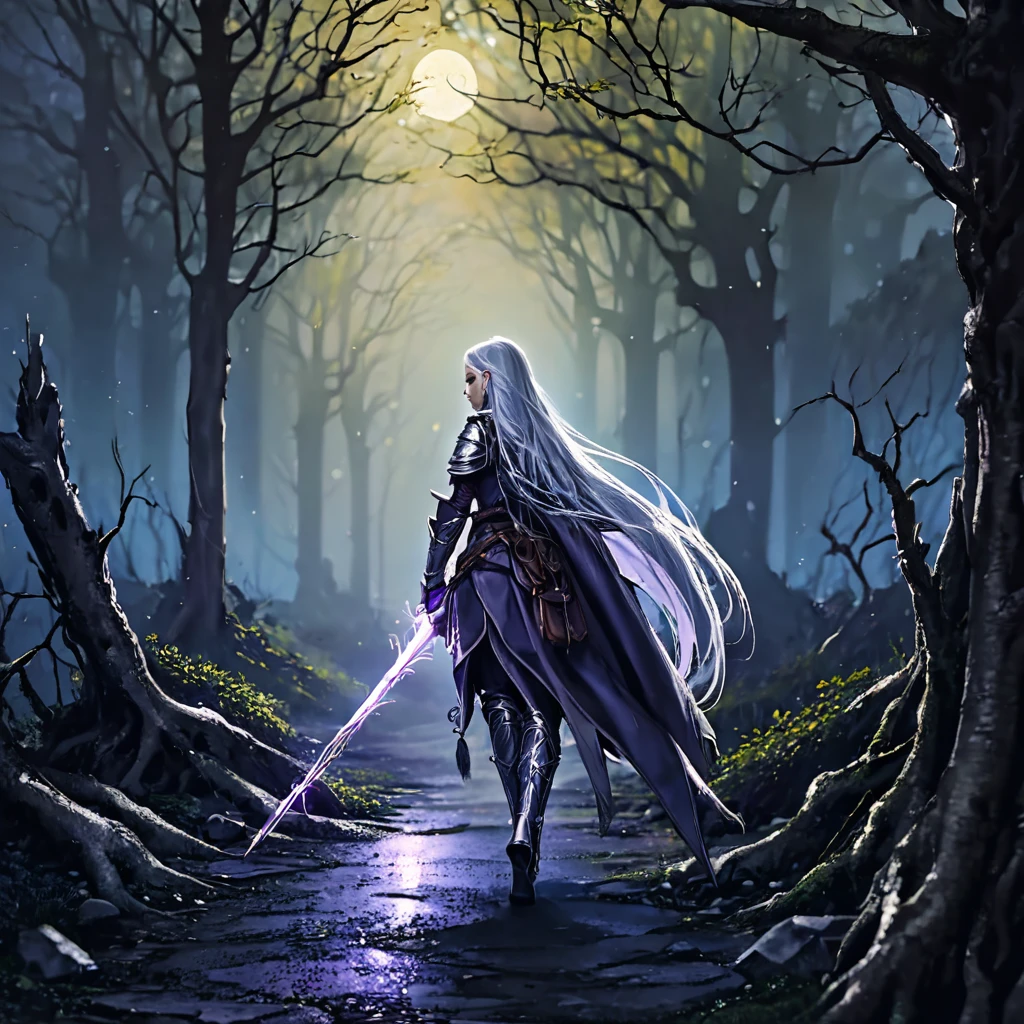 a powerful elven adventurer, pale skin, violet eyes, long silver hair, ornate studded leather armor, carrying a long bow and weapons on belt, walking through a haunted, eerie forest, moonlight shining through twisted branches, fog swirling around the trees, ancient stone ruins in the distance, (best quality,4k,8k,highres,masterpiece:1.2),ultra-detailed,(realistic,photorealistic,photo-realistic:1.37),fantasy,dramatic lighting,moody atmosphere,cinematic,highly detailed