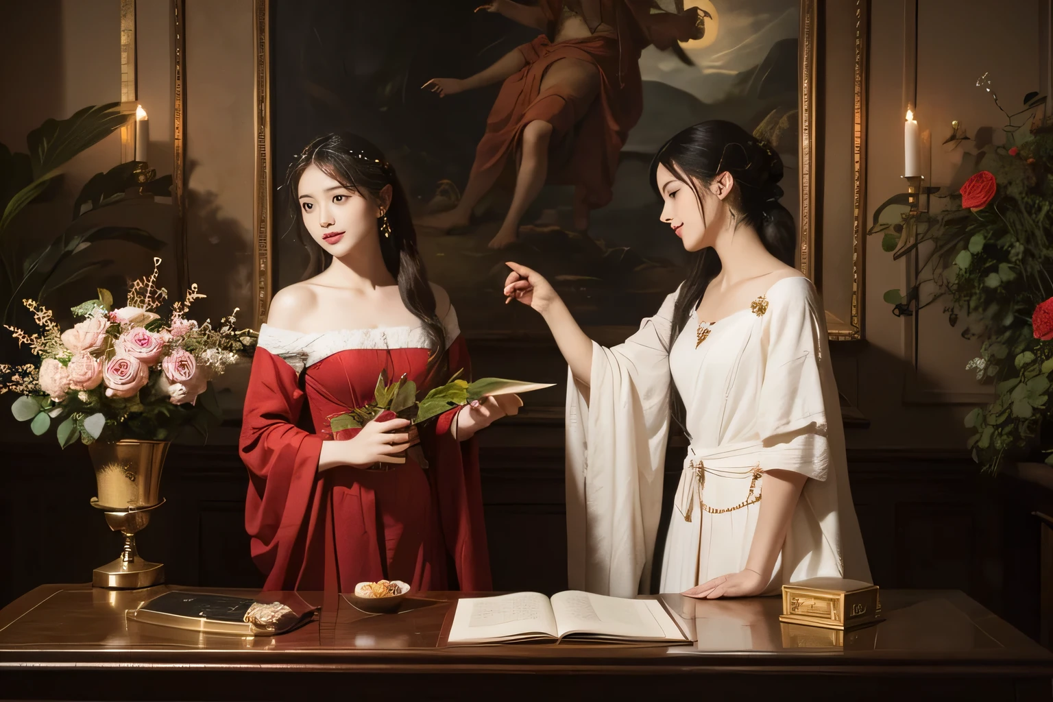 Giorgione painting style,Arguments of two female Philosophe,math、astronomical machine、astronaut、roses in vase、fruits、Cute trinkets、smile、ancient greek costume、Background is a forest lake at night 、Clothes that stretch your shou
