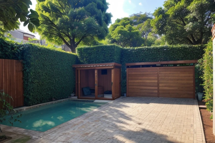 Lindo jardim com fonte e estatua e um banco de madeira detalhado com ferro.