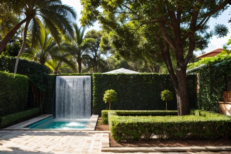 Lindo jardim com fonte e estatua e um banco de madeira detalhado com ferro.