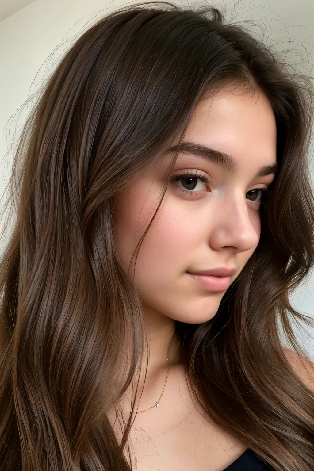 A 19-year-old girl with enviably long, brown photorealistic hair reveals her captivating, cute features in a leaked image captured on Instagram. The close-up selfie is presented in pristine quality, showcasing her youthful beauty and the intricacies of her face. The image, reminiscent of a Hollywood starlet, features soft lighting and high resolution for a truly cinematic appeal. The girl's hair, with its natural highlights, cascades elegantly, complementing her mysterious, alluring expression.
