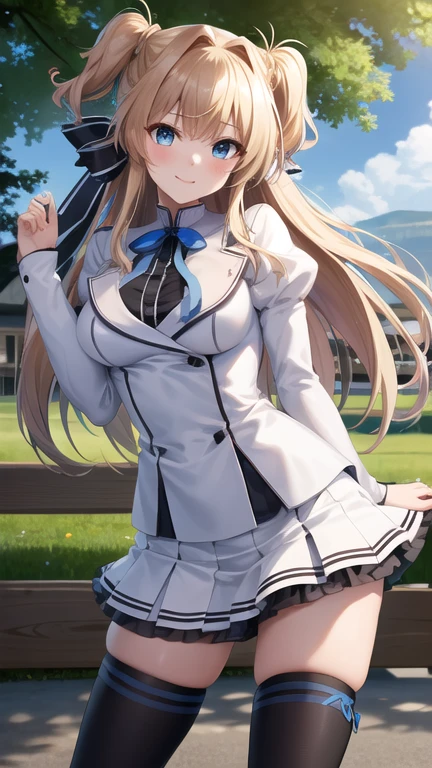 masterpiece, best quality, highres, 1girl, solo, long hair, blonde hair, two side up, (hair ribbon:1.1), blue eyes, neck ribbon, , white jacket, juliet sleeves, long sleeves, white skirt, thigh ribbon, black thighhighs, outdoors, cowboy shot, standing,