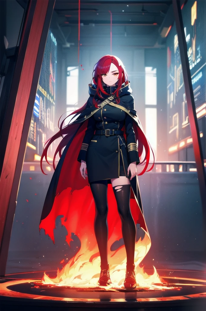 (masterpiece:1.37), woman, mature, extremely detailed eyes and face, long straight hair, (red hair:1.5), yellow eyes, military uniform, cloak, torn cloak, ripped cloak, flame-print cloak, futuristic, science fiction, hologram armband, unicursal hexagram-shaped pupils, standing, large breasts, futuristic, science fiction, hologram armband, best quality, 8k, highres, ultra-detailed, studio lighting, ultra-fine painting, sharp focus, physically-based rendering, extreme detail description, professional, vivid colors, bokeh, extreme attention to detail, tsurime, messy bangs, long bangs, bright red hair highlights, two-tone hair, full body