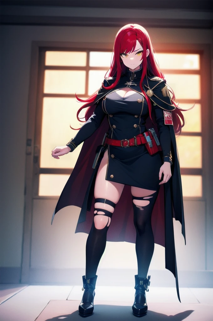 (masterpiece:1.37), woman, mature, extremely detailed eyes and face, long straight hair, (red hair:1.5), yellow eyes, military uniform, cloak, torn cloak, ripped cloak, flame-print cloak, futuristic, science fiction, hologram armband, unicursal hexagram-shaped pupils, standing, large breasts, futuristic, science fiction, hologram armband, best quality, 8k, highres, ultra-detailed, studio lighting, ultra-fine painting, sharp focus, physically-based rendering, extreme detail description, professional, vivid colors, bokeh, extreme attention to detail, tsurime, messy bangs, long bangs, bright red hair highlights, two-tone hair, full body