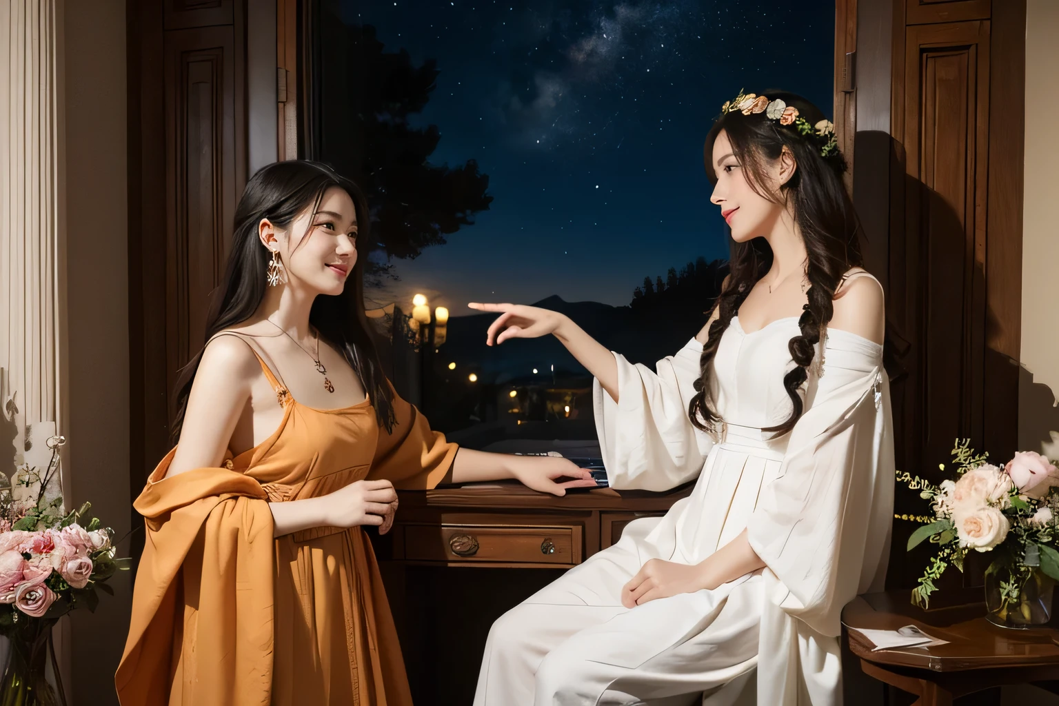 Highest quality masterpiece Cute sisters happily watching the stars at night Photo style Fairytale Dramatic Production