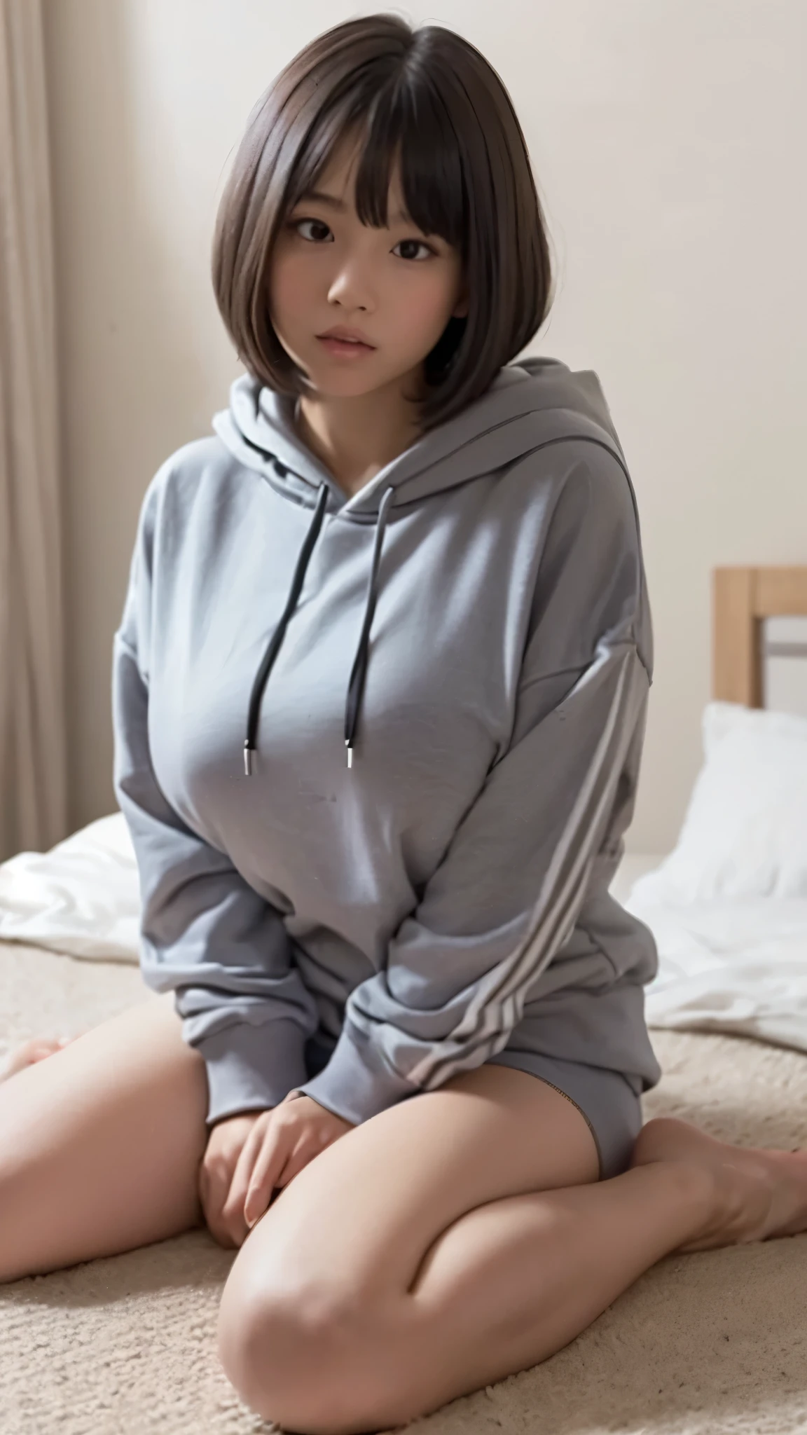 masterpiece, highest quality, 8K, Young beautiful girl, 、(Clothed huge breasts, huge breasts), (Hip Length hoodie), track suit bottoms, black bob cut, Cute face, looking away, bedroom,  parted lips, emotionless, No makeup, Ten generations, Detailed face, Background bokeh、((16 years ody, sitting, wariza, between legs,(symmetrical eyes, even eyes)