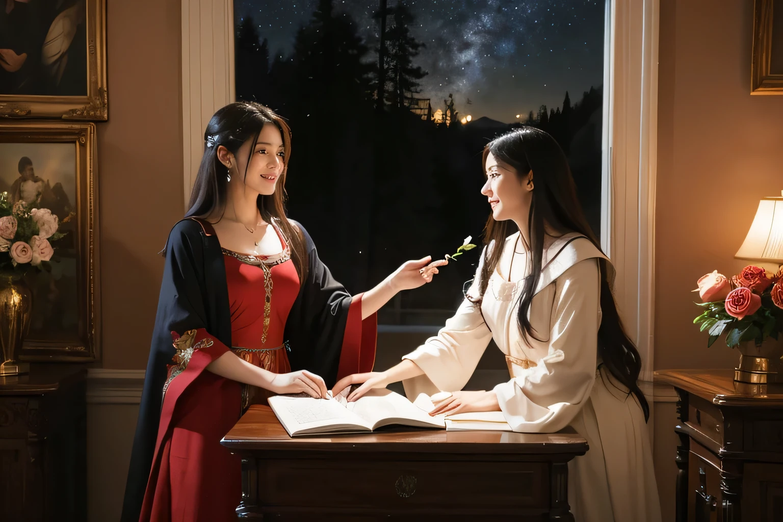 Giorgione painting style,Arguments of two female Philosophe,math、astronomical machine、astronaut、roses in vase、fruits、Cute trinkets、smile、ancient greek costume、Background is a forest lake at night 、Clothes that stretch your shou