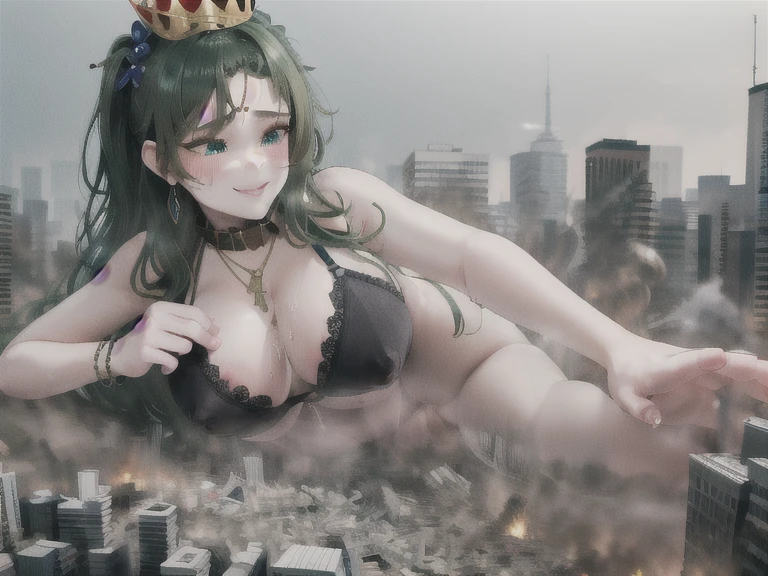 Perfect detail, Special details, highest quality,,expensive, woman,A satisfied smile .round face、View Viewer, Green Hair, Long Hair, , , Side bang, Partially exposed forehead, Dark blue eyes, Mature Body, Perfect body, Large Breasts,Big Ass.Sweaty body,Breast milk overflowing from the nipples,Pussy,share、body fluid、 blush, Cleavage.Black lace lingerie,Gold Jewelry,Gold Bracelet,Gold Collar、 Luxurious crown,, necklace, Pursing your lips, A light smile, Drunk, expensiveディテール, Depth of written boundary, 1080p, 16k, Awards, High resolution, highest quality, masterpiece, 超High resolution, Anatomically correct, Super detailed,,Huge breasts、Realistic、Perfect bodyライン、aerial photograph、aerial photograph、Destroying the city with a smile、 (A giant girl bigger than a skyscraper destroys the city of Shibuya:1.5)、cute、body fluid,Eroticism,share Breast milk overflowing from the nipples Lying on the ground Occupy a major city